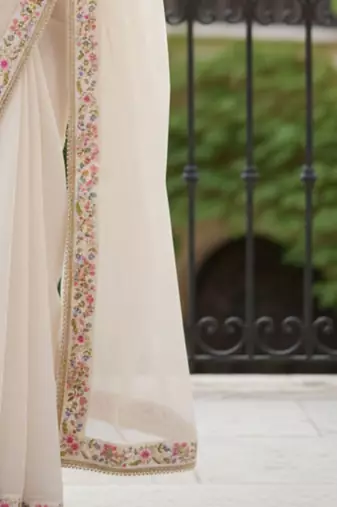 off white floral embroidered poly georgette designer saree