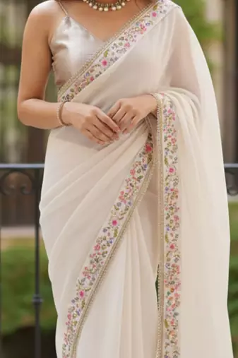 off white floral embroidered poly georgette designer saree