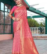 pink ethnic motifs woven design dharmavaram saree