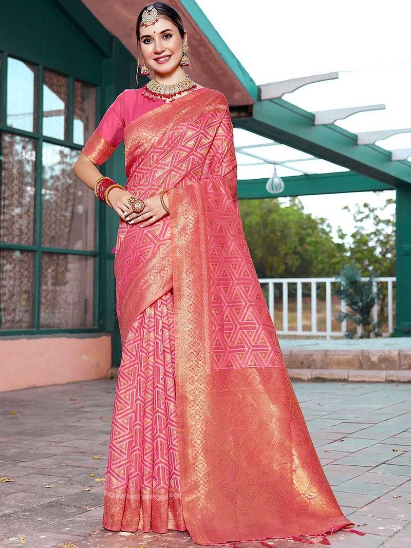 pink ethnic motifs woven design dharmavaram saree