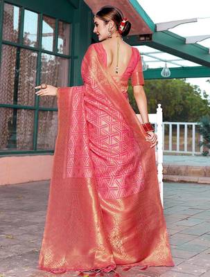pink ethnic motifs woven design dharmavaram saree 2