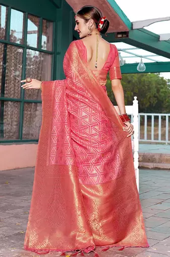 pink ethnic motifs woven design dharmavaram saree