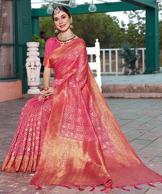 pink ethnic motifs woven design dharmavaram saree 3
