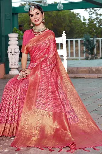 pink ethnic motifs woven design dharmavaram saree