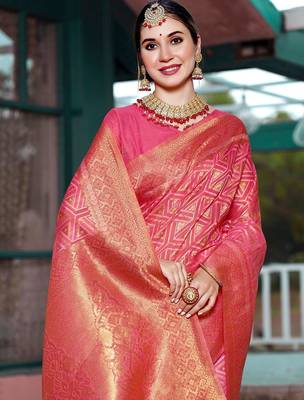 pink ethnic motifs woven design dharmavaram saree 4