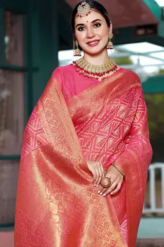 pink ethnic motifs woven design dharmavaram saree