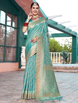 turquoise ethnic motifs woven design zari art silk blend dharmavaram saree 1