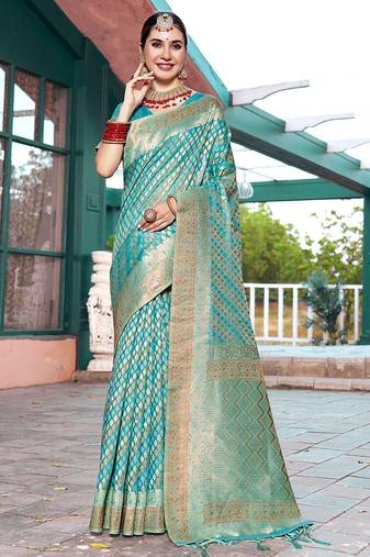 turquoise ethnic motifs woven design zari art silk blend dharmavaram saree