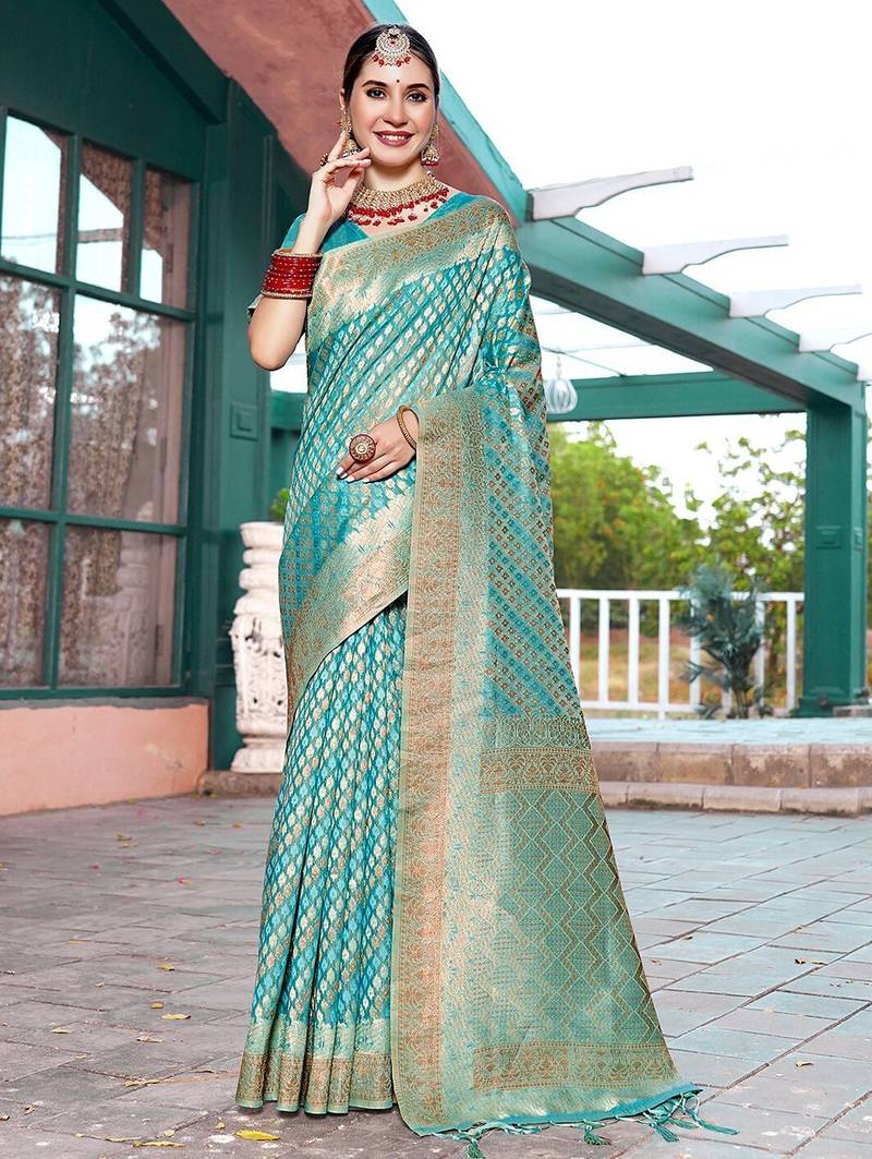 turquoise ethnic motifs woven design zari art silk blend dharmavaram saree