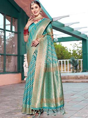 turquoise ethnic motifs woven design zari art silk blend dharmavaram saree 2
