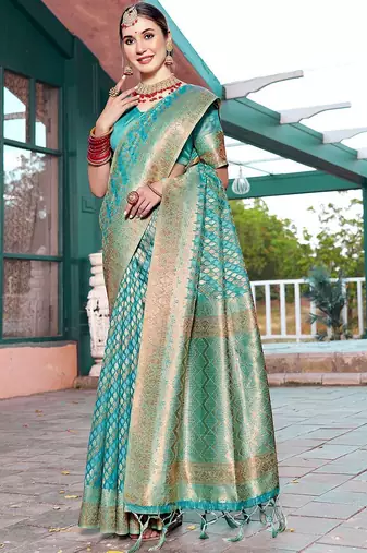 turquoise ethnic motifs woven design zari art silk blend dharmavaram saree