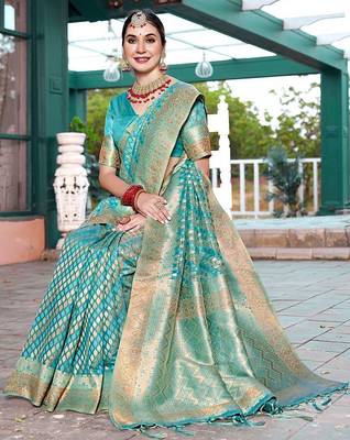 turquoise ethnic motifs woven design zari art silk blend dharmavaram saree 3