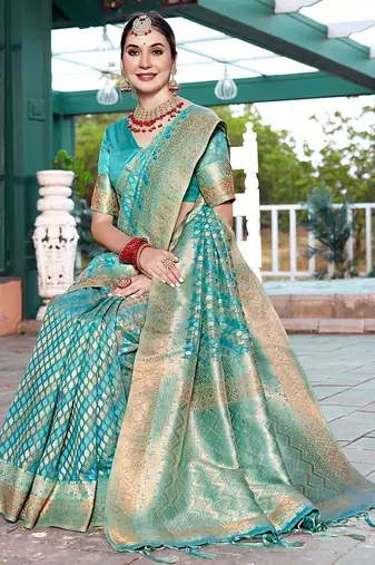 turquoise ethnic motifs woven design zari art silk blend dharmavaram saree
