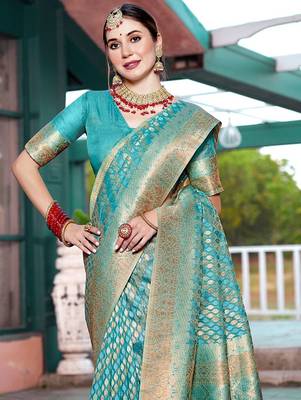 turquoise ethnic motifs woven design zari art silk blend dharmavaram saree 4