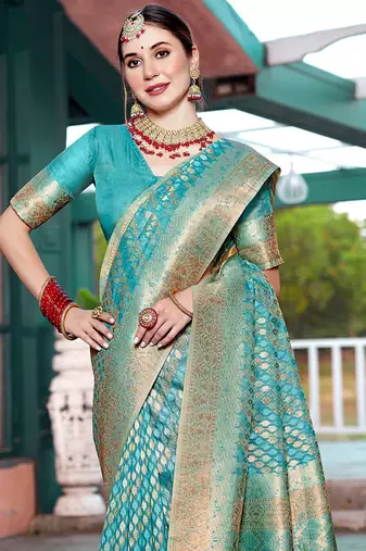turquoise ethnic motifs woven design zari art silk blend dharmavaram saree