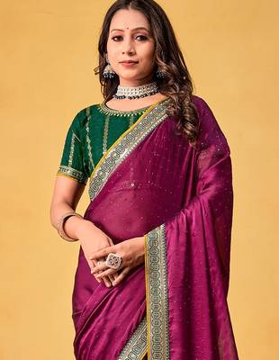 magenta embellished beads and stones sarees with blouse piece 1