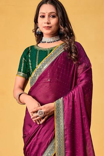 magenta embellished beads and stones sarees with blouse piece