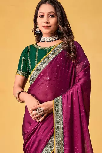 magenta embellished beads and stones sarees with blouse piece