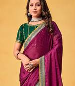 magenta embellished beads and stones sarees with blouse piece