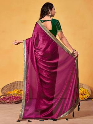 magenta embellished beads and stones sarees with blouse piece 2