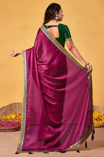 magenta embellished beads and stones sarees with blouse piece