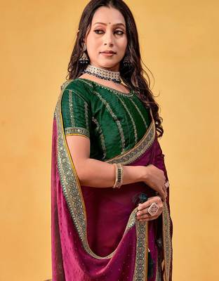 magenta embellished beads and stones sarees with blouse piece 3