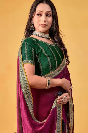 magenta embellished beads and stones sarees with blouse piece
