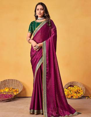 magenta embellished beads and stones sarees with blouse piece 4
