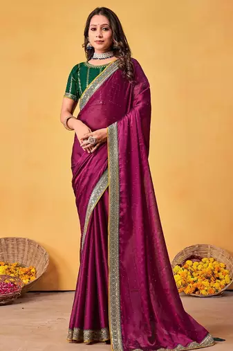 magenta embellished beads and stones sarees with blouse piece