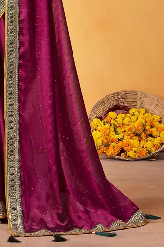 magenta embellished beads and stones sarees with blouse piece