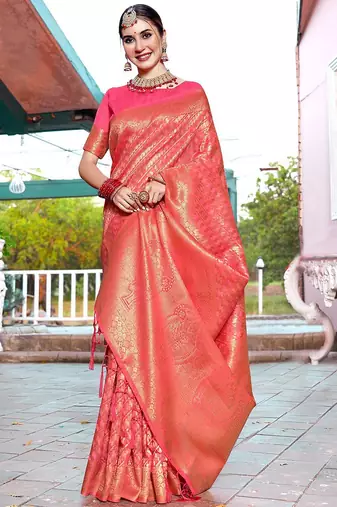 coral coral ethnic motifs woven design zari dharmavaram saree