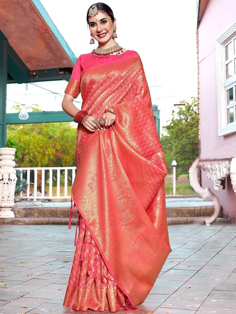 coral coral ethnic motifs woven design zari dharmavaram saree