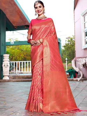 coral coral ethnic motifs woven design zari dharmavaram saree 2