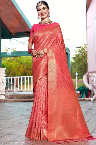 coral coral ethnic motifs woven design zari dharmavaram saree