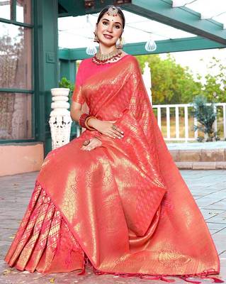 coral coral ethnic motifs woven design zari dharmavaram saree 3