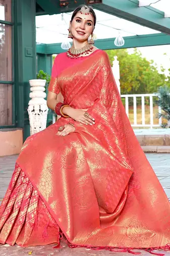 coral coral ethnic motifs woven design zari dharmavaram saree