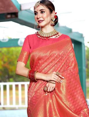 coral coral ethnic motifs woven design zari dharmavaram saree 4
