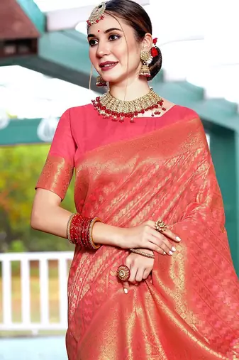 coral coral ethnic motifs woven design zari dharmavaram saree