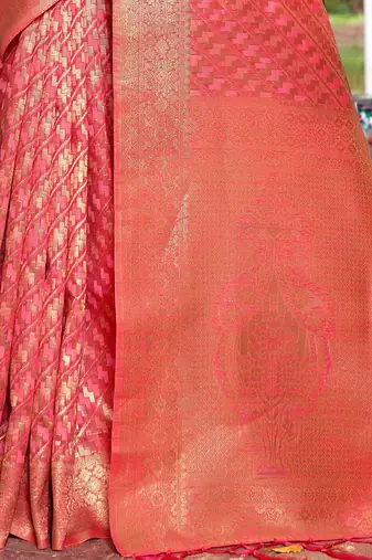 coral coral ethnic motifs woven design zari dharmavaram saree