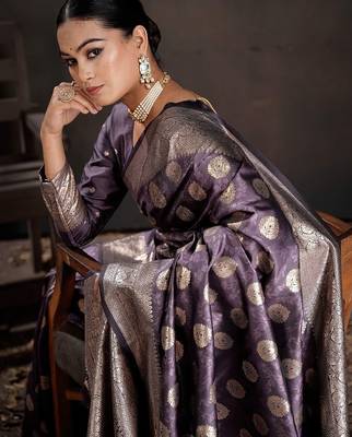 Purple woven design zari silk blend handloom banarasi saree 1