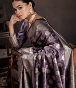 Purple woven design zari silk blend handloom banarasi saree