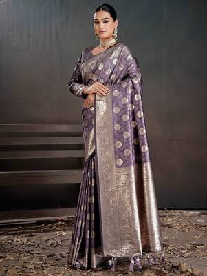 Purple woven design zari silk blend handloom banarasi saree 2