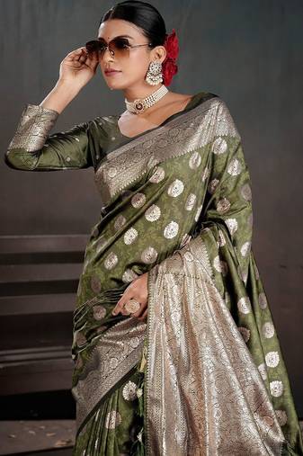 Olive ethnic motifs zari silk blend handloom banarasi saree