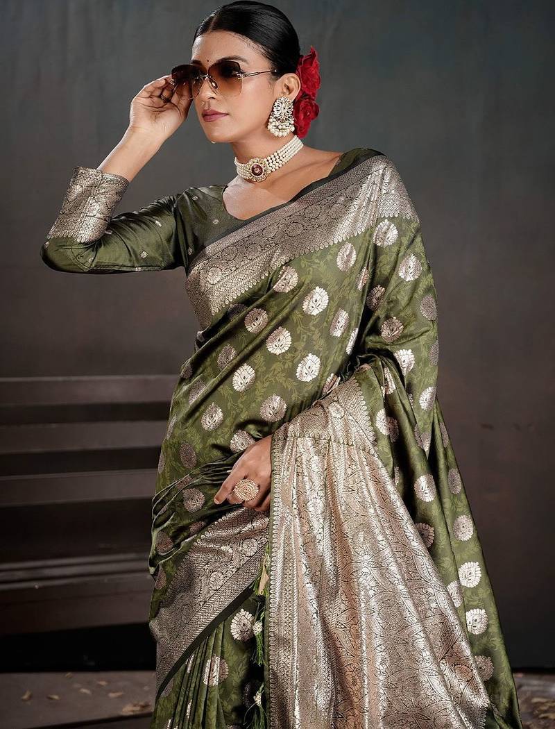 Olive ethnic motifs zari silk blend handloom banarasi saree