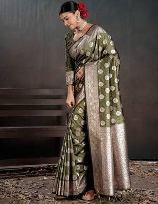 Olive ethnic motifs zari silk blend handloom banarasi saree 2