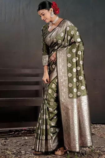 Olive ethnic motifs zari silk blend handloom banarasi saree