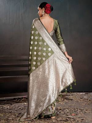 Olive ethnic motifs zari silk blend handloom banarasi saree 3