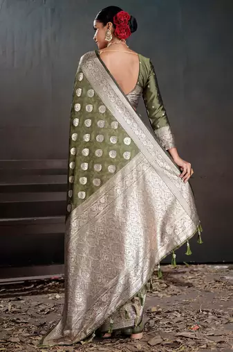 Olive ethnic motifs zari silk blend handloom banarasi saree