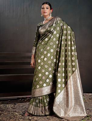 Olive ethnic motifs zari silk blend handloom banarasi saree 4