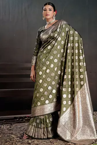 Olive ethnic motifs zari silk blend handloom banarasi saree